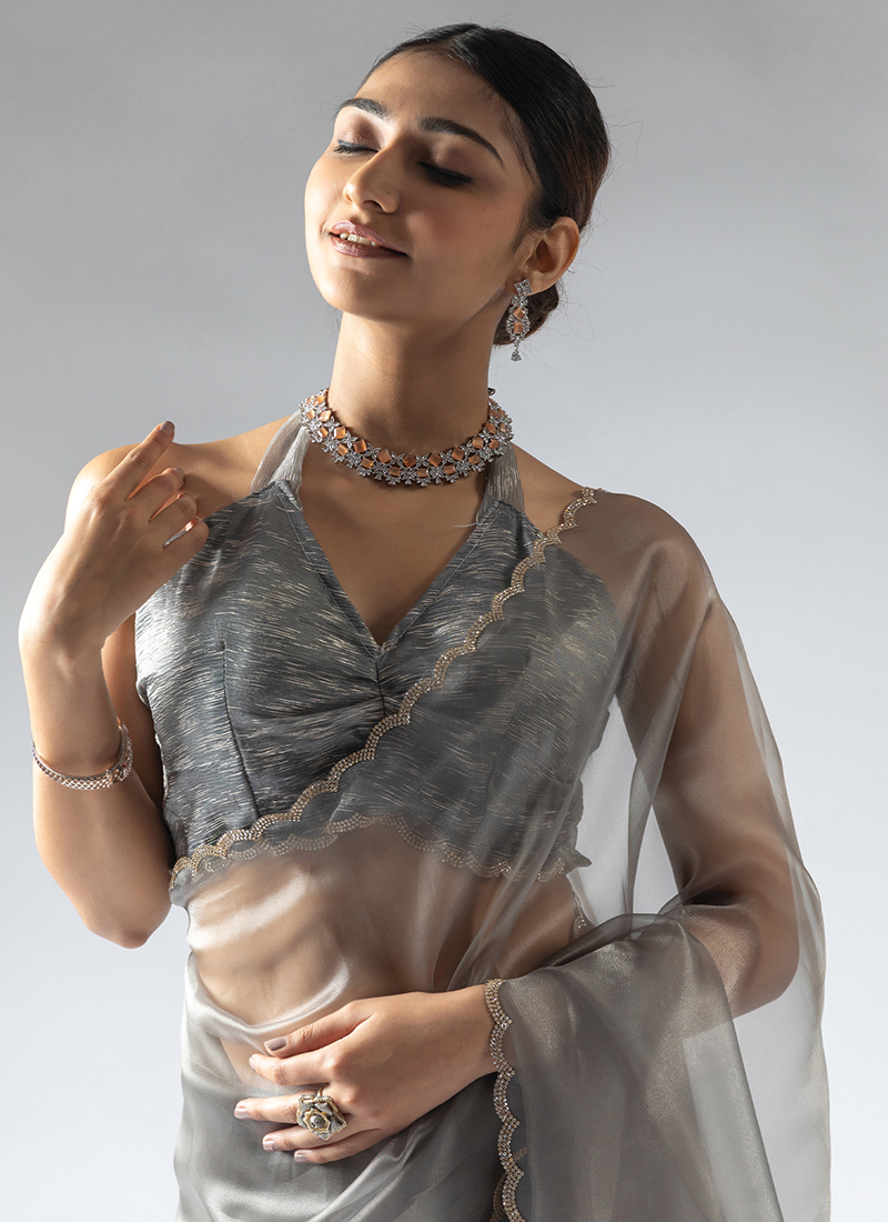 Women's Organza Grey Embellished Ready to Wear With Blouse Piece